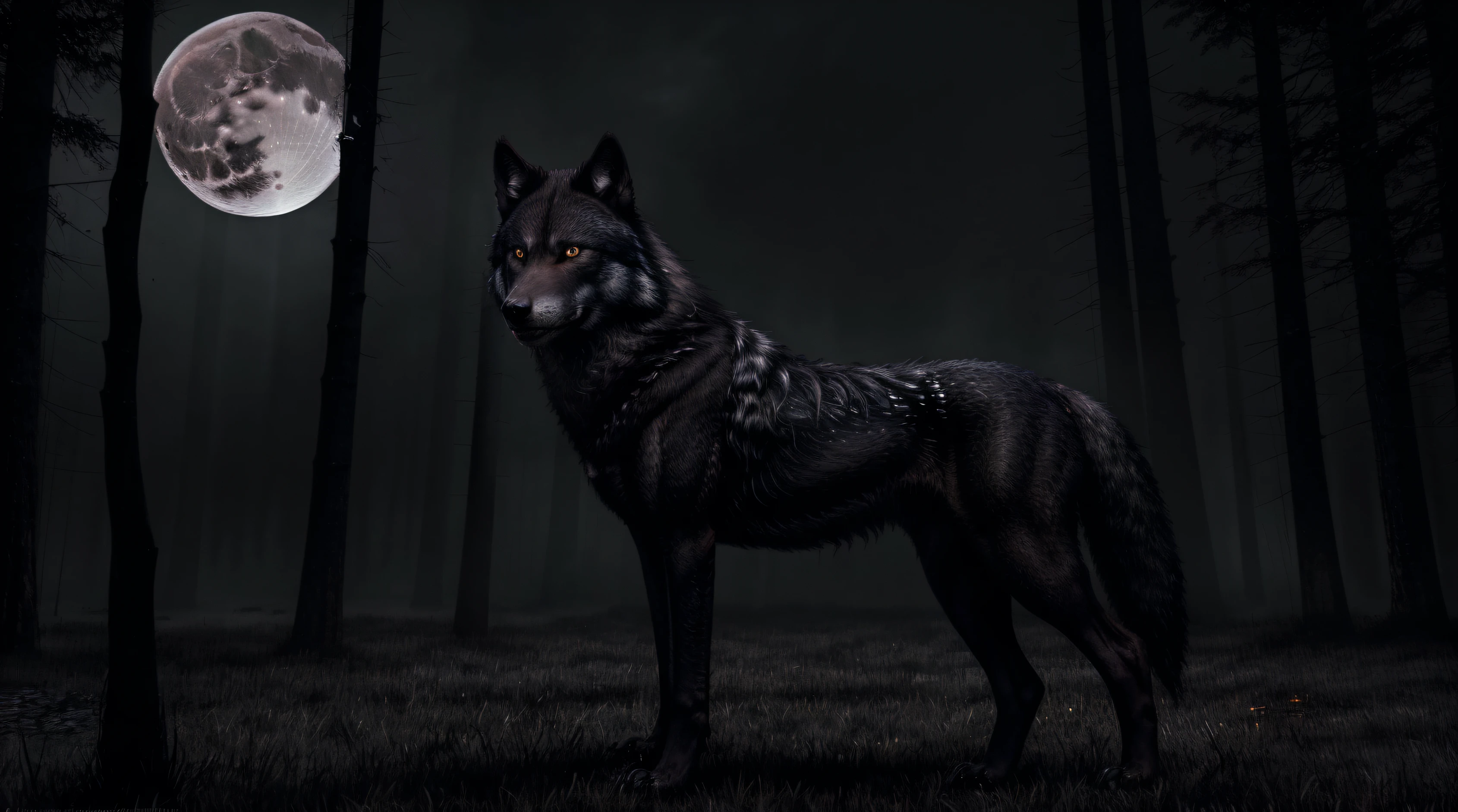 (best quality,highres),detailed black wolf with vibrant red eyes,full moon night in a forest,ominous atmosphere,dense mist surrounding,hauntingly beautiful scene,dark shadows and moonlight creating a mysterious ambiance,silhouettes of tall trees in the background,majestic and powerful wolf prowling confidently,sharp and defined features,exquisite and intricate details on the fur,snarling with intensity,expressive eyes vividly reflecting the moon's glow,ferocious and untamed,wolf blends into the darkness with supreme elegance