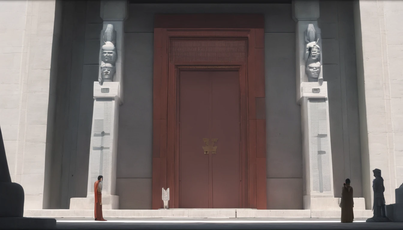 In front of a pair of mountain gates, two statues of the Heavenly King were facing each other, looking at each other,Both statues hold weapons in their hands,It's like a great god of guarding the mountain