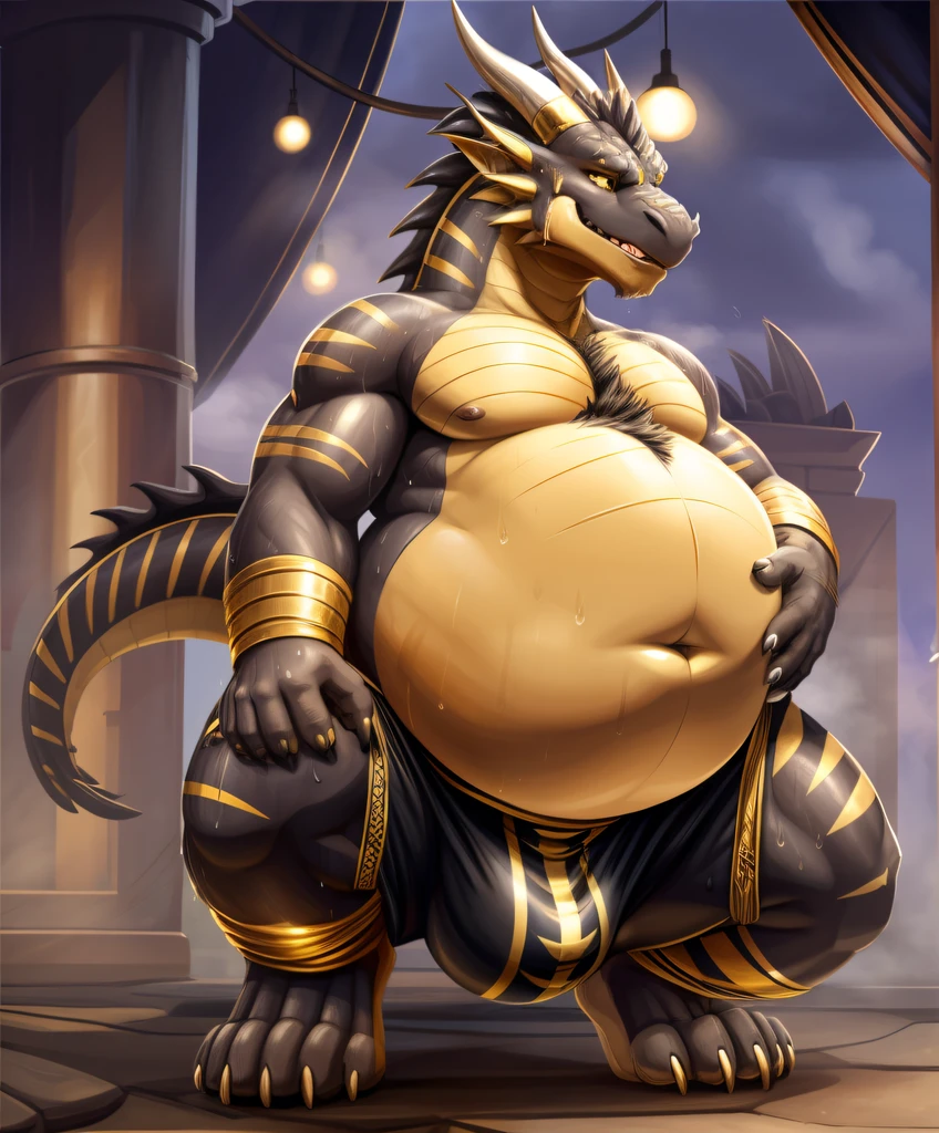 Bulge, black anthro dragon, gold accents, gold stripes, sweating, sweat, ((sweating belly)), grey belly, fat, growing belly, belly, ((big navel)), fatfur, 3 toes, ((big belly)), ((deep navel)),