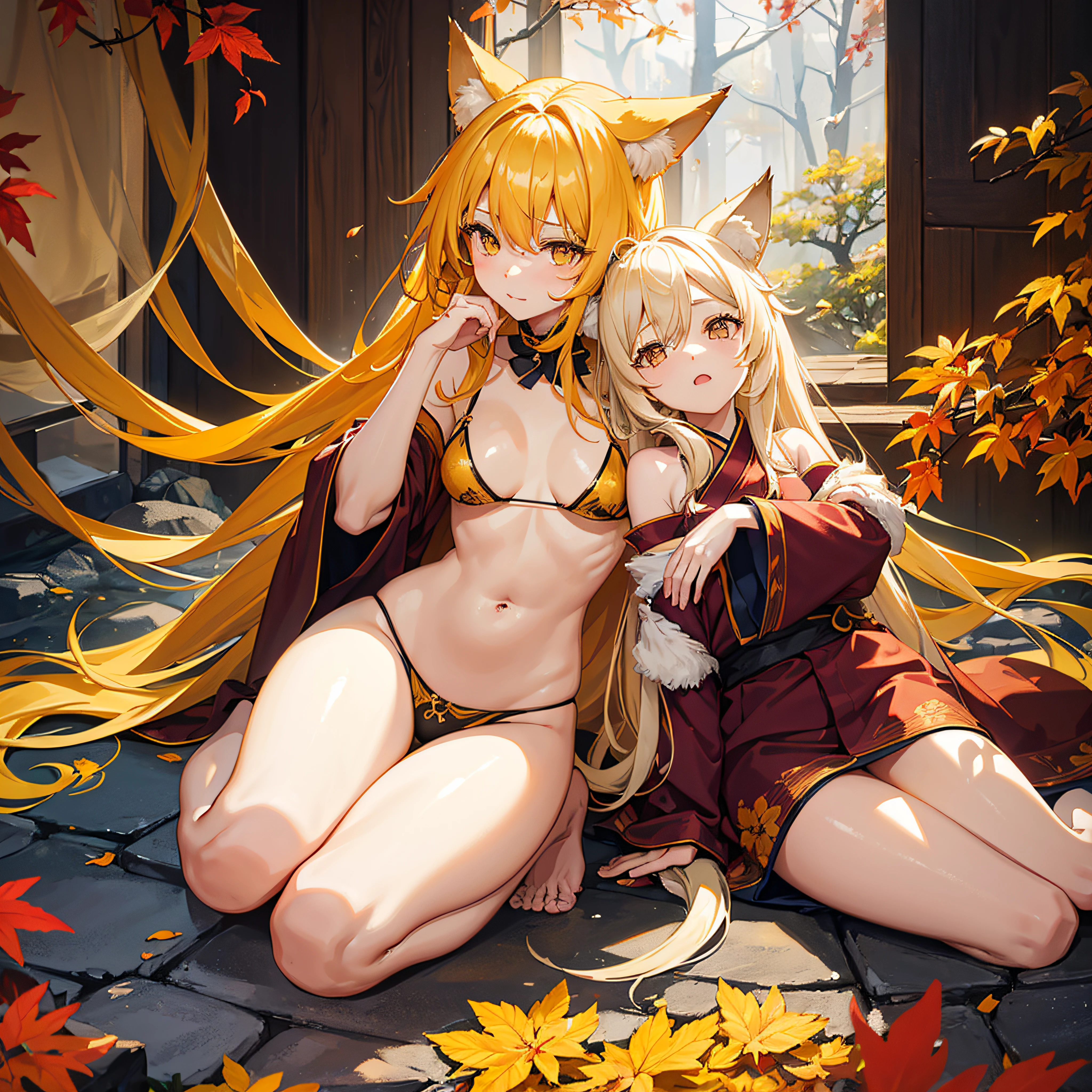 autumnal、the woods、Colored leaves, (top-quality), ((masterpiece)), Original, Kimono、undergarment、teats、bath robe、((详细的脸))、beautiful finely detailed eyes、hair messy、Medium chest、
(One Woman),full body Esbian,(The upper part of the body:0.7), (Golden Eyes),(Akame),(Wolf ears),(yellow hair),(Wolf's tail),(Wolf ears),( girl:1.1),(Wolf ears),Beautiful fine eyes,orange color hair,Very long hair