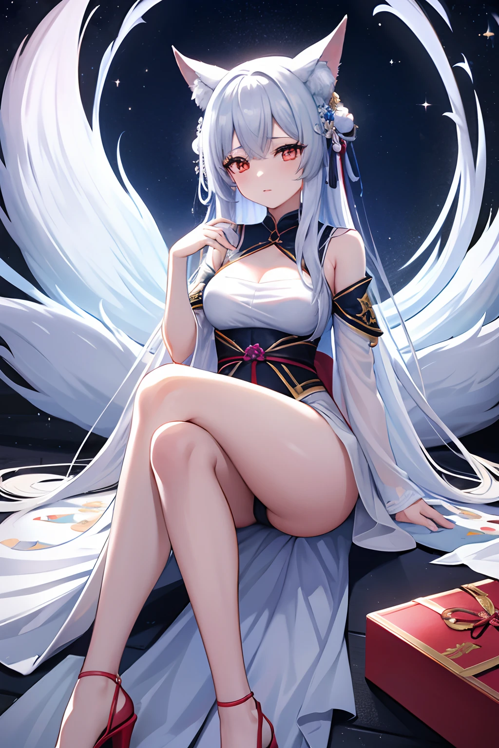 Nine-tailed fox girl from Korean mythology, vestida con un sexy y elegante traje invernal de colores blancos y celestes, cabello negro y brillante recogido en una cola de Caballo que descansa en su hombro, sentada en un banco en medio del bosca, con un orbe de color azul flotando sobre su mano derecha