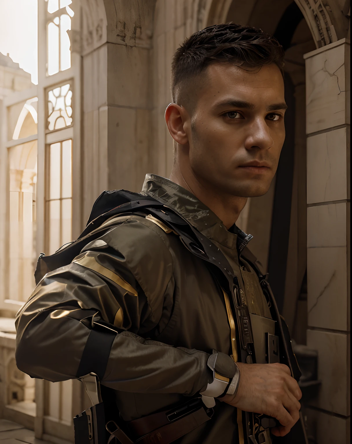 The Realistic Temple of Jerusalem, Soldier with dark uniform and assault rifle, ruined background, realistic, stylish, assault vest, hdr, intricate details, hyperdetailed, cinematic, rim light, danger atmosphere