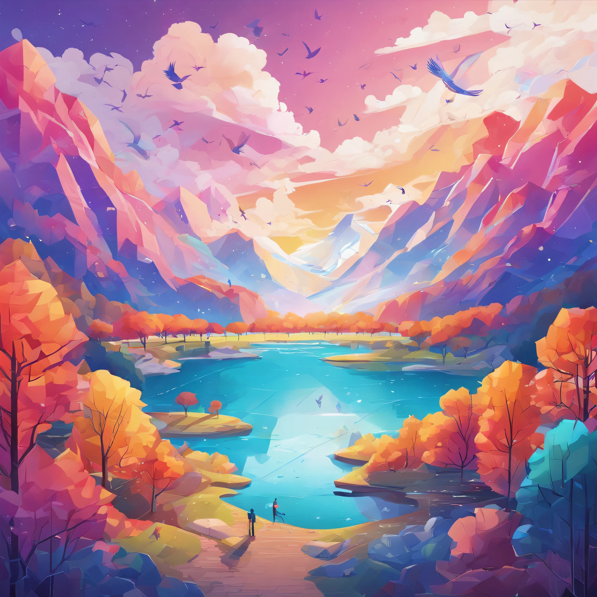 ((Rainbow after rain)),Skysky, blue colors, baiyun, after rainny, rays of sunshine, refractions, Seven colors, Red, Orange, Yellow, Green, Blue, Violet, arc-shaped, A bridge to heaven, llight rays, dream magical, wanting, Calm lake, inverted image, The outline of the tree, Birds fly, freshen, magical, Beautiful natural landscape