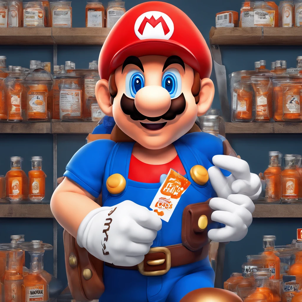 (Mario), character design, Nintendo Super Mario, (blue eyes, red hat, orange apron , orange suspenders, orange and black gloves, )full body, exaggerated expressions and actions, clean background, bright iridescent highlights, studio lighting, atmospheric lighting, with exquisite texture, high detail, high resolution, c4d, 3D, Blender, 8k, best quality, ultra high definition, (Mario as a Home Depot associate), (Home Depot), (The Home Depot), (Mario as a Home Depot Employee)
