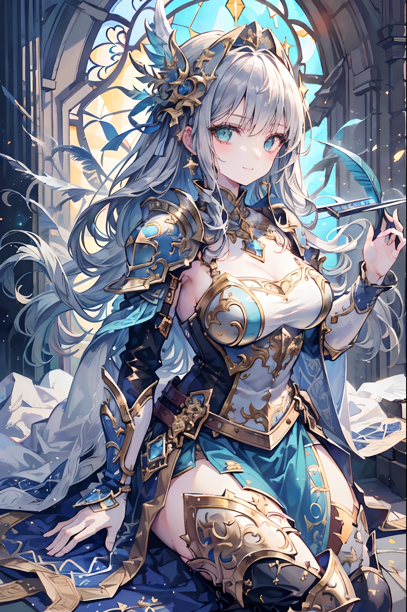 (Official art、Best Quality、Unity 8k Wallpapers、32K、masterpiece、ultra-detailliert、超A high resolution、The best illustrations、Very ridiculous:1.2)、(Cinematic lighting:1.2)、Fireglow effect、film grains、Best Shadows、Rim lighting、side lights、(Ultra-detailed and complex 3D rendering)、Detailed beautiful face and eyes、Sharp pupils、Realistic pupils、A slender、1Man Woman、Medium bust、(Full body:1.2)、 beauitful face、16-year-old beautiful girl、(super detailed skin、detailed skin textures:1.3)、(silver blond、Blue-silver hair:1.3)、Paladin、Longhaire、Blunt bangs、Green eyes、3 braids in 1 bunch、(Blue Armor、Blue Boots、Blue helmet、Jeweled、Gold embroidery)、A slender、Maxi skirt、(thighs thighs thighs thighs:0.8)、(chies、in a house、Artistic stained glass、Large pipe organ、Hello Point、Mystical、a lot of feathers float、angelicales、Particles of light、solemnity、Sunlight is、colourfull、Fantastical:1.2)、(Fantastical:1.3)、(Holding the Holy Sword:1.0)、Fantastical、Smiling smile