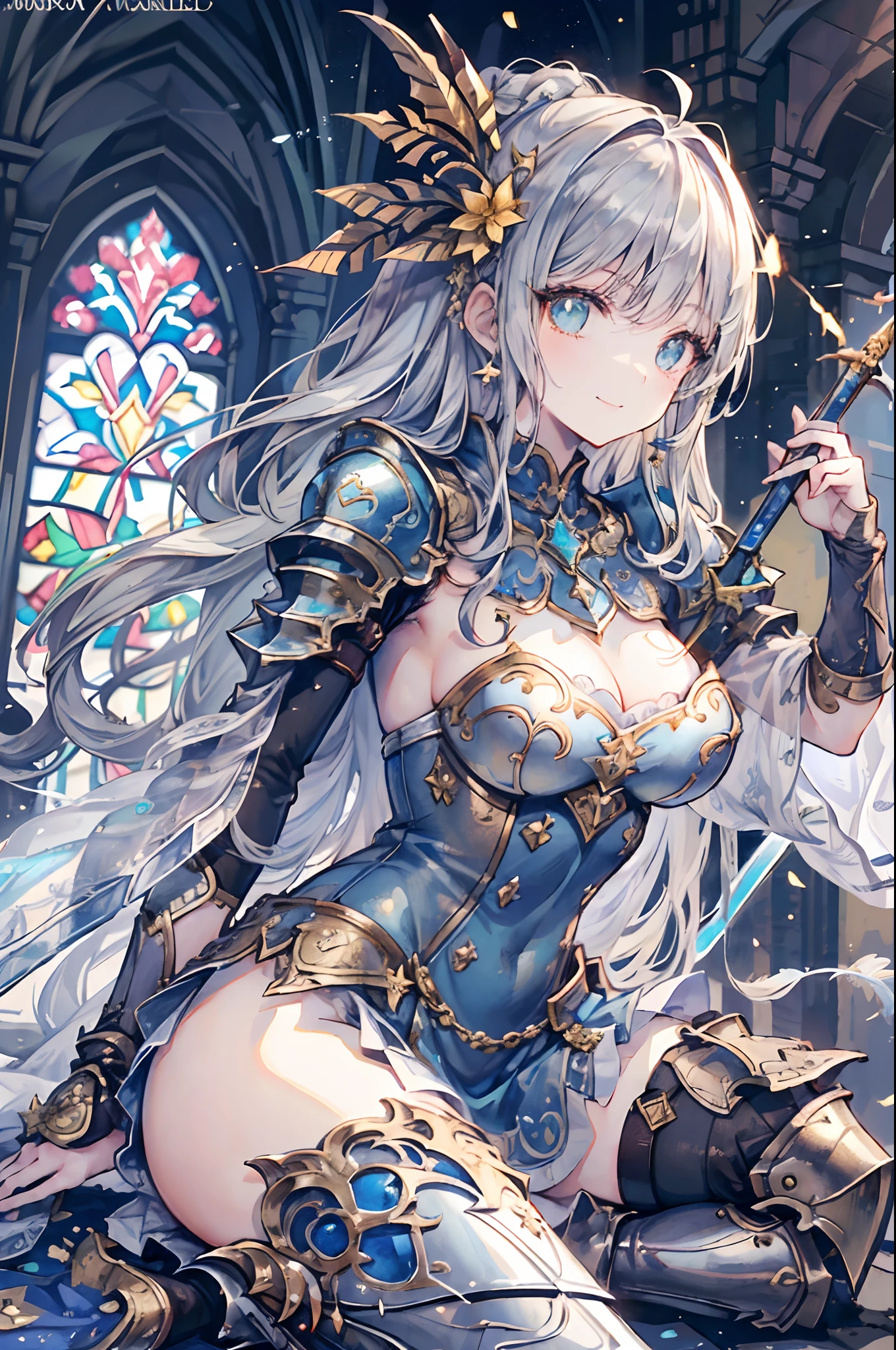 (Official art、Best Quality、Unity 8k Wallpapers、32K、masterpiece、ultra-detailliert、超A high resolution、realisitic、Photorealsitic、Very ridiculous:1.2)、(Cinematic lighting:1.2)、Fireglow effect、film grains、Best Shadows、Rim lighting、side lights、(Ultra-detailed and complex 3D rendering)、Detailed beautiful face and eyes、Sharp pupils、Realistic pupils、A slender、1Man Woman、Medium bust、(Full body:1.2)、 beauitful face、-yeld beiful girl、(super detailed skin、detailed skin textures:1.3)、(silver blond、Blue-silver hair:1.3)、Paladin、Longhaire、Blunt bangs、Green eyes、3 braids in 1 bunch、(Blue Armor、Blue Boots、Blue helmet、Jeweled、Gold embroidery)、A slender、Maxi skirt、(thighs thighs thighs thighs:0.8)、(chies、in a house、Artistic stained glass、Large pipe organ、Hello Point、Mystical、a lot of feathers float、angelicales、Particles of light、solemnity、Sunlight is、colourfull、Fantastical:1.2)、(Fantastical:1.3)、(Holding the Holy Sword:1.4)、Fantastical、Smiling smile