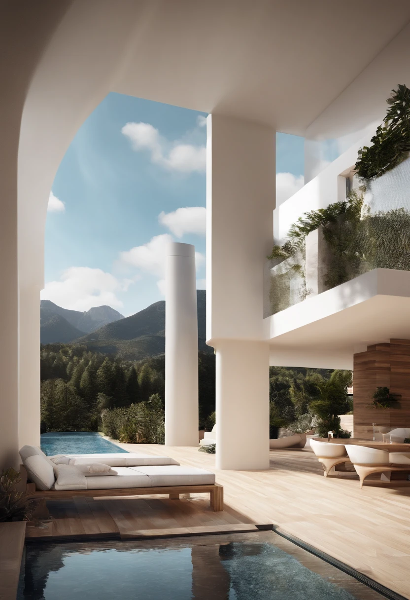Modern interior blends with the mountains, Une maison moderne dominante noir mais chaleureuse, Hight 8k resolution, A large number of details, Fusion parfaite avec la nature, dans un style naturel moderne, proche d'un court d'eau naturelle. Inner fusion with the mountain, very natural, Chaleureux. Ombrage, lumineux, couleur chaude, photorealiste, Soft Light, style architectural moderne, Large outdoor swimming pool, itemize, high resolucion, Composition parfaite et excellente,8k resolution,The detail,Sentiers de pluie,humidity,Water stain,Ultra-wide-angle shooting,Jack Guzman's Environmental Art Photography,Realstic,Cinematographic compositions,volumeric lighting,vivacity, Un, Stunning skies, Colorful clouds float,true to life, The pubic area is clear, Une perfection sans faille, DSLR, 16k, 1024, 2048, 4096, Un, tranchant, beste-Qualit, highly quality, absurderes,Driverless background,The is very detailed、Detailed light shadows,tendances sur ArtStation、Complexe、high details、Dramatics、Art at the halfway point(volumeric lighting:1.2)Tir HDR。(Vue lointaine,Vue super profonde,ultra grand angle,Microfocal Distance Lens:1.2)(Realstic:1.4)tmasterpiece、highly quality、Belle photographie、Globalillumination、