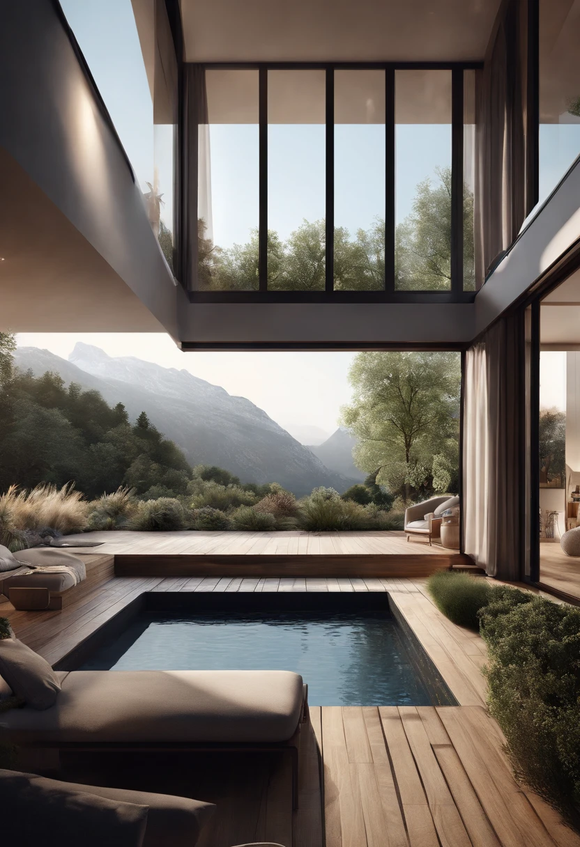 Modern interior blends with the mountains, Une maison moderne dominante noir mais chaleureuse, Hight 8k resolution, A large number of details, Fusion parfaite avec la nature, dans un style naturel moderne, proche d'un court d'eau naturelle. Inner fusion with the mountain, very natural, Chaleureux. Ombrage, lumineux, couleur chaude, photorealiste, Soft Light, style architectural moderne, Large outdoor swimming pool, itemize, high resolucion, Composition parfaite et excellente,8k resolution,The detail,Sentiers de pluie,humidity,Water stain,Ultra-wide-angle shooting,Jack Guzman's Environmental Art Photography,Realstic,Cinematographic compositions,volumeric lighting,vivacity, Un, Stunning skies, Colorful clouds float,true to life, The pubic area is clear, Une perfection sans faille, DSLR, 16k, 1024, 2048, 4096, Un, tranchant, beste-Qualit, highly quality, absurderes,Driverless background,The is very detailed、Detailed light shadows,tendances sur ArtStation、Complexe、high details、Dramatics、Art at the halfway point(volumeric lighting:1.2)Tir HDR。(Vue lointaine,Vue super profonde,ultra grand angle,Microfocal Distance Lens:1.2)(Realstic:1.4)tmasterpiece、highly quality、Belle photographie、Globalillumination、