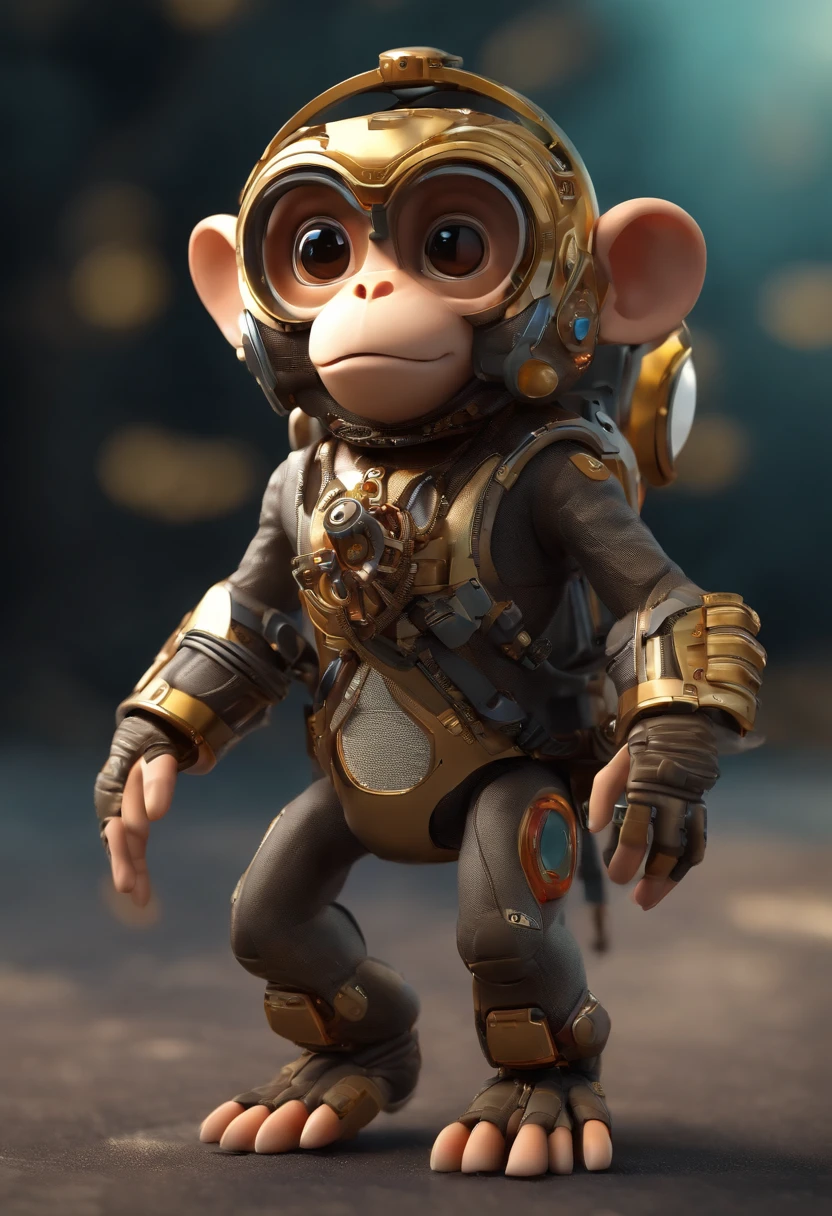 A small monkey,，magical, Anthropomorphic,Upper body length，Short legs， Wear a futuristic machine，Carry mechanical weapons, The background is a colorful universe. pixar animation, Funky blind box, OC Render, Ray traching, High quality, High detail, high resolution, 8K, bust size, ApeBond written on their clothing