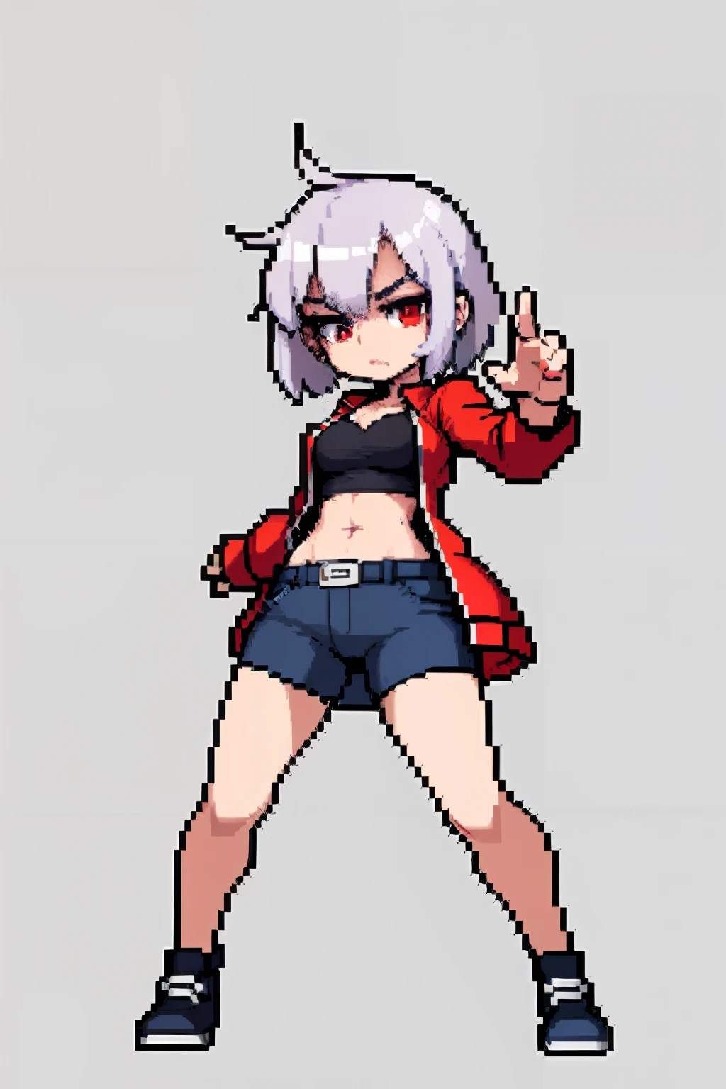 (masterpiece, top quality, best quality, less detail, 8-bit color, soft color), pixel,pixel art,1girl,fullbody,ready to fight,attack pose, smack studio, separate body for edit,easy for editing,#03253a background , purple short pant, short hair, vampire girl, red eyes, silver hair,simple jacket,white bra on top, 6 pack abs