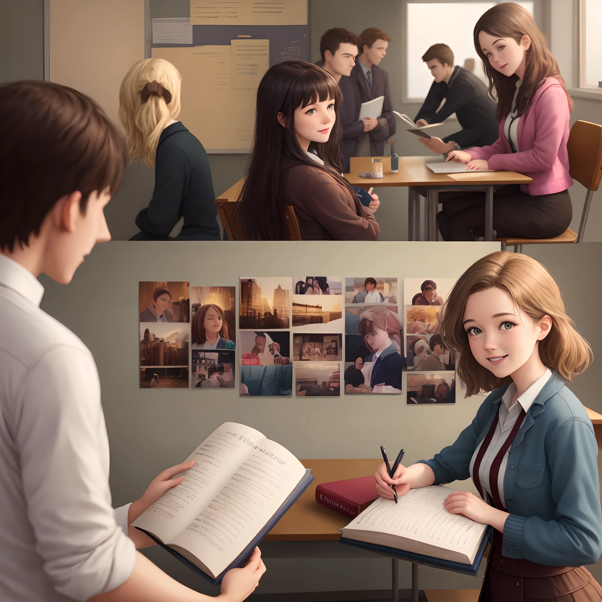 Make a animated video on following scenes and girl must be same in all scenes:
[Scene 1: Establishing shot of a bustling city with people walking purposefully]
[Cut to a close-up of a young student pouring over books in a library]
[Scene 2: Sarah attending a lecture, taking notes diligently]
[Cut to Sarah in conversation with a professor, seeking guidance]
[Scene 3: Sarah applying her knowledge in a practical setting, working with a team]
[Cut to Sarah achieving success in her chosen field, receiving accolades]
[Scene 4: Sarah mentoring a younger student, passing on her knowledge]
[Cut to a series of quick shots of individuals from various walks of life, all learning and growing]
[Scene 5: A montage of various people reading, attending classes, and seeking knowledge]
[Final Scene: Sarah looking back at her journey with a smile, surrounded by friends and family]