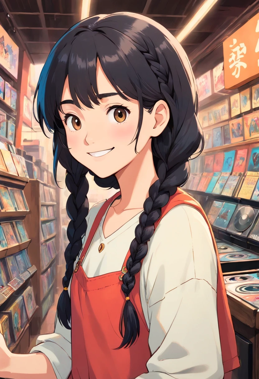 A lovely girl, braid hairstyle, and black hair, Smiling slightly, Wearing clothes from the 80s, She was in a vinyl record store.