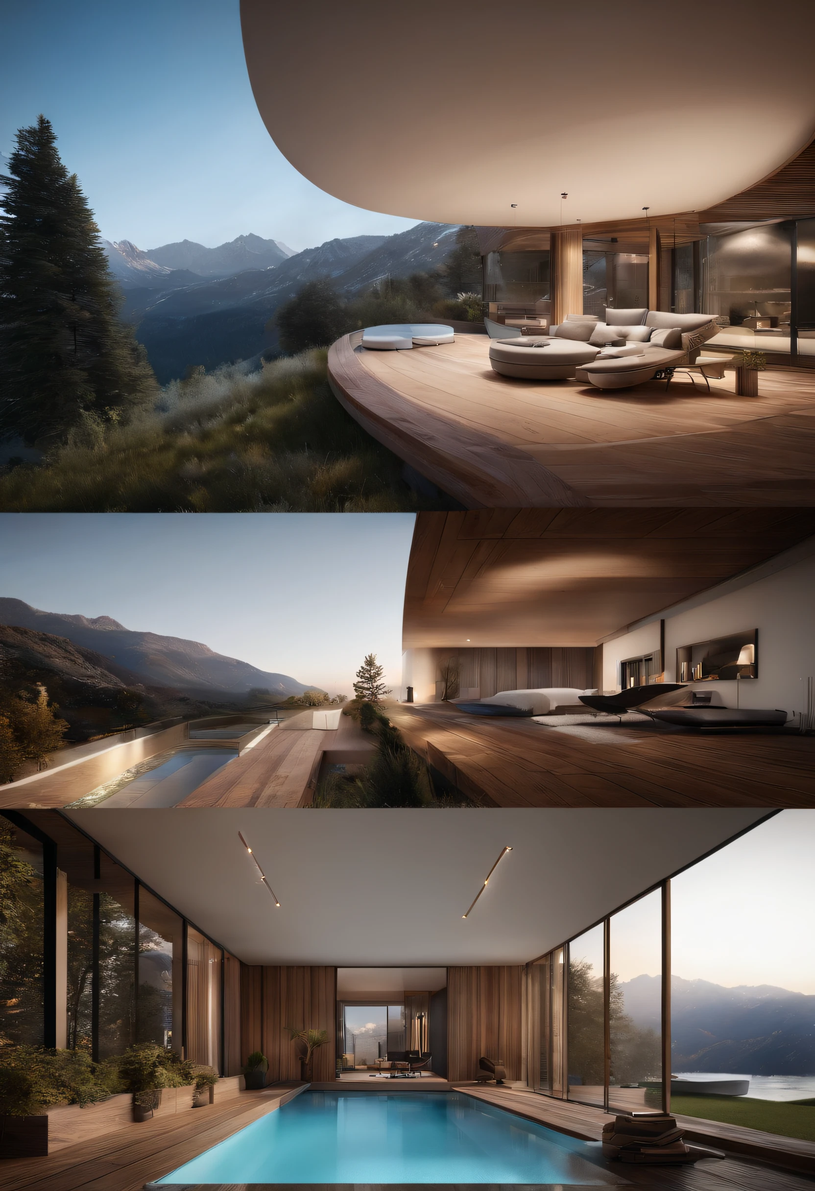 Modern interior blends with the mountains, Une maison moderne dominante noir mais chaleureuse, Hight 8k resolution, A large number of details, Fusion parfaite avec la nature, dans un style naturel moderne, proche d'un court d'eau naturelle. Inner fusion with the mountain, very natural, Chaleureux. Ombrage, lumineux, couleur chaude, photorealiste, Soft Light, style architectural moderne, Large outdoor swimming pool, itemize, high resolucion, Composition parfaite et excellente,8k resolution,The detail,Sentiers de pluie,humidity,Water stain,Ultra-wide-angle shooting,Jack Guzman's Environmental Art Photography,Realstic,Cinematographic compositions,volumeric lighting,vivacity, Un, Stunning skies, Colorful clouds float,true to life, The pubic area is clear, Une perfection sans faille, DSLR, 16k, 1024, 2048, 4096, Un, tranchant, beste-Qualit, highly quality, absurderes,Driverless background,The is very detailed、Detailed light shadows,tendances sur ArtStation、Complexe、high details、Dramatics、Art at the halfway point(volumeric lighting:1.2)Tir HDR。(Vue lointaine,Vue super profonde,ultra grand angle,Microfocal Distance Lens:1.2)(Realstic:1.4)tmasterpiece、highly quality、Belle photographie、Globalillumination、