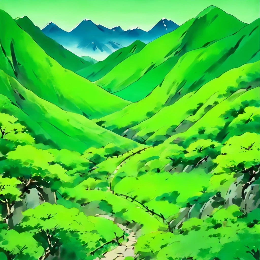 Green bricks，Near Hakuba，Mountain flowers in the distance，Green mountains，themoon，Qi Baishi，Mainly blue and green，wide high angle view，Tradition Chinese Ink Painting