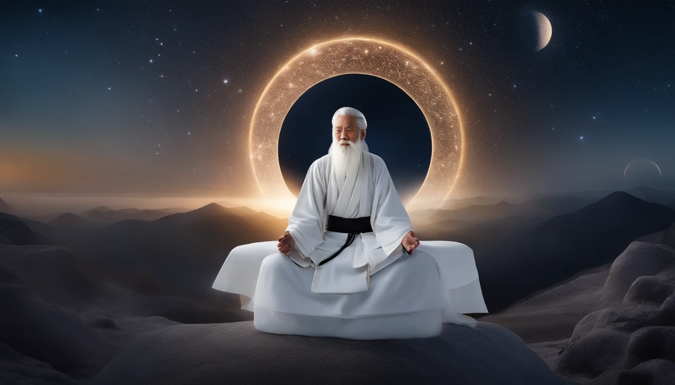 A 30-year-old Asian middle-aged Taoist priest sits in the universe with his eyes closed,long  white hair，Meditate，Has a white beard，Meditation cross-legged，Daoism, Wear a white robe，white sash，Taoist master,Taoist，The entire galactic starry sky，Magnificent momentum，Rising starlight，at centre，Face the lens，The color of the vast blue starry sky, Light particles, with light glowing, Mshiv, wallpaper art, UHD wallpaper