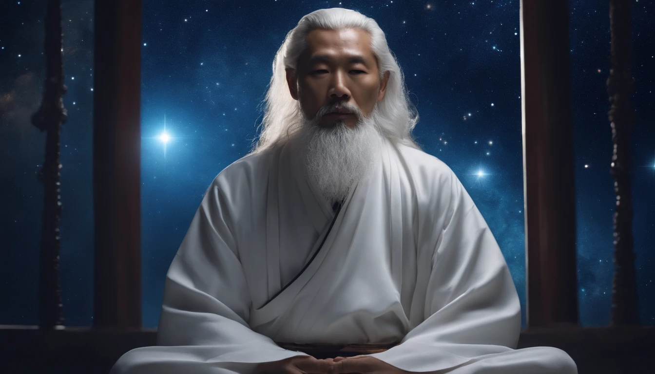 A 30-year-old Asian middle-aged Taoist priest sits in the universe with his eyes closed,long white hair,Meditate,Has a white beard,Meditation cross-legged,Daoism, Wear a white robe,white sash,Taoist master,Taoist,The entire galactic starry sky,Magnificent momentum,Rising starlight,at centre,Face the lens,The color of the vast blue starry sky, Light particles, with light glowing, Mshiv, wallpaper art, UHD wallpaper