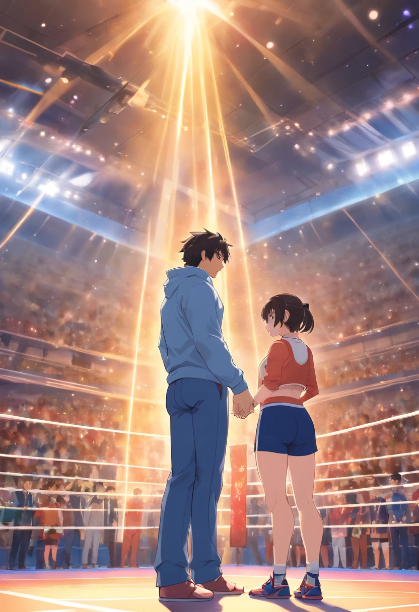 1 dominant woman wrestler and 1 man from 18 years old , Parlero, dentro, (obra maestra, La mejor calidad, absurdos ), escuela,woman and man are in school have sweatpants looking into each other's eyebefore the wrestling match