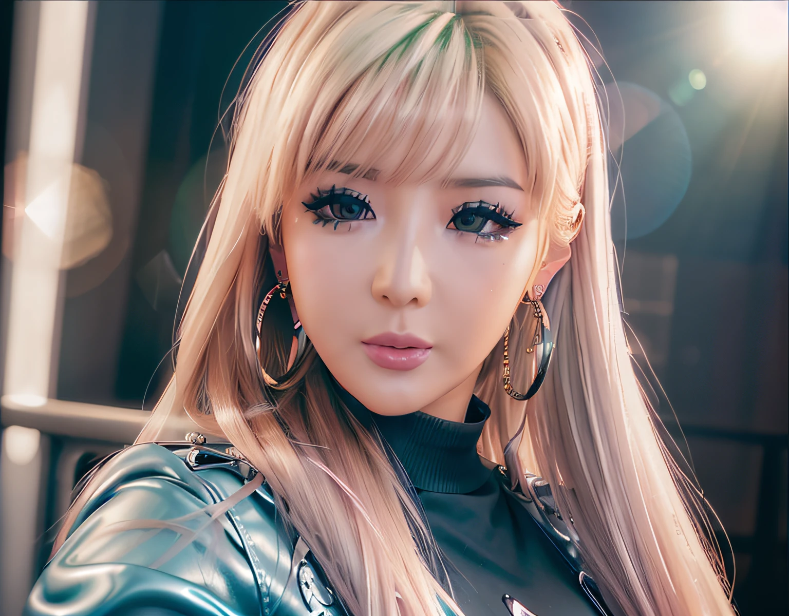 a photo of a woman , (park bom:1.3) , a closeup of woman face , , (rendered in octane:1.1) , (rendered in unreal engine:1.1) , (realistic photography:1.4), (ultra-realistic:1.0), (detailed eyes:1.1), (photorealistic:1.1), (realistic:1.1), (real life:1.1), (photograph:1.1),, happy, soft lighting , face closeup , , masterpiece , sharp focus , cinematic lighting , rim lighting , glossy skin , shiny skin , (park_bom:1.2), soft lighting , surprised , smiling , confused , ring fill flash , vibrant colors , refraction , prism , rainbow , lensflare , face focus , looking at viewer , mascara , squinting eyes , sparkling eyes , pov face closeup , fisheye lens , kpop idol , punk , leather jacket , graffiti , colorful shirt , blue eyeshadow , punk rocker , hoop earrings , choker , pastel blue long hair, detailed hair, detailed background, detailed face, coherent details, natural details, natural park bom, medium chin, Very Detailed Park Bom, Long Pastel Blue Hair, super detailed, lots of details in the hair, lots of details in the clothes, lots of details in the across the entire image, detailed face, detailed hair, seriously, coherent details across all prompts, natural and realistic details, details on the scene, Sharp lines, no blur, no pixelation, high quality, highres, 4k, flying hair, very detailed background. very detailed face, very detailed clothes, very detailed night sky, real Park Bom, realistic Park Bom, natural Park Bom
