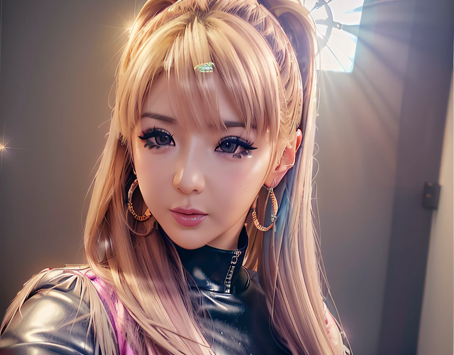 a photo of a woman , (park bom:1.3) , a closeup of woman face , , (rendered in octane:1.1) , (rendered in unreal engine:1.1) , (realistic photography:1.4), (ultra-realistic:1.0), (detailed eyes:1.1), (photorealistic:1.1), (realistic:1.1), (real life:1.1), (photograph:1.1),, happy, soft lighting , face closeup , , masterpiece , sharp focus , cinematic lighting , rim lighting , glossy skin , shiny skin , (park_bom:1.2), soft lighting , surprised , smiling , confused , ring fill flash , vibrant colors , refraction , prism , rainbow , lensflare , face focus , looking at viewer , mascara , squinting eyes , sparkling eyes , pov face closeup , fisheye lens , kpop idol , punk , leather jacket , graffiti , colorful shirt , blue eyeshadow , punk rocker , hoop earrings , choker , pastel blue long hair, detailed hair, detailed background, detailed face, coherent details, natural details, natural park bom, medium chin, Very Detailed Park Bom, Long Pastel Blue Hair, super detailed, lots of details in the hair, lots of details in the clothes, lots of details in the across the entire image, detailed face, detailed hair, seriously, coherent details across all prompts, natural and realistic details, details on the scene, Sharp lines, no blur, no pixelation, high quality, highres, 4k, flying hair, very detailed background. very detailed face, very detailed clothes, very detailed night sky, real Park Bom, realistic Park Bom, natural Park Bom