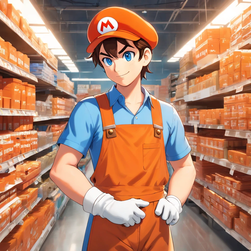 (Mario), Super Mario, (blue eyes, red hat, orange apron , orange suspenders, orange and black gloves, )full body, exaggerated expressions and actions, clean background, bright iridescent highlights, studio lighting, atmospheric lighting, with exquisite texture, high detail, high resolution, 8k, best quality, ultra high definition, (Mario as a Home Depot associate), (Home Depot), (The Home Depot), (Mario as a Home Depot Employee)
