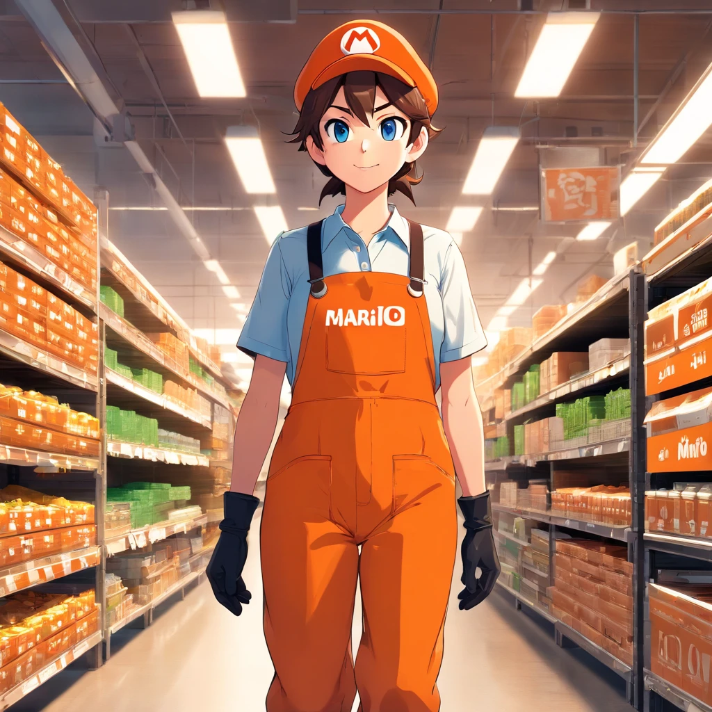 (Mario), Super Mario, (blue eyes, red hat, orange apron , orange suspenders, orange and black gloves, )full body, exaggerated expressions and actions, clean background, bright iridescent highlights, studio lighting, atmospheric lighting, with exquisite texture, high detail, high resolution, 8k, best quality, ultra high definition, (Mario as a Home Depot associate), (Home Depot), (The Home Depot), (Mario as a Home Depot Employee)