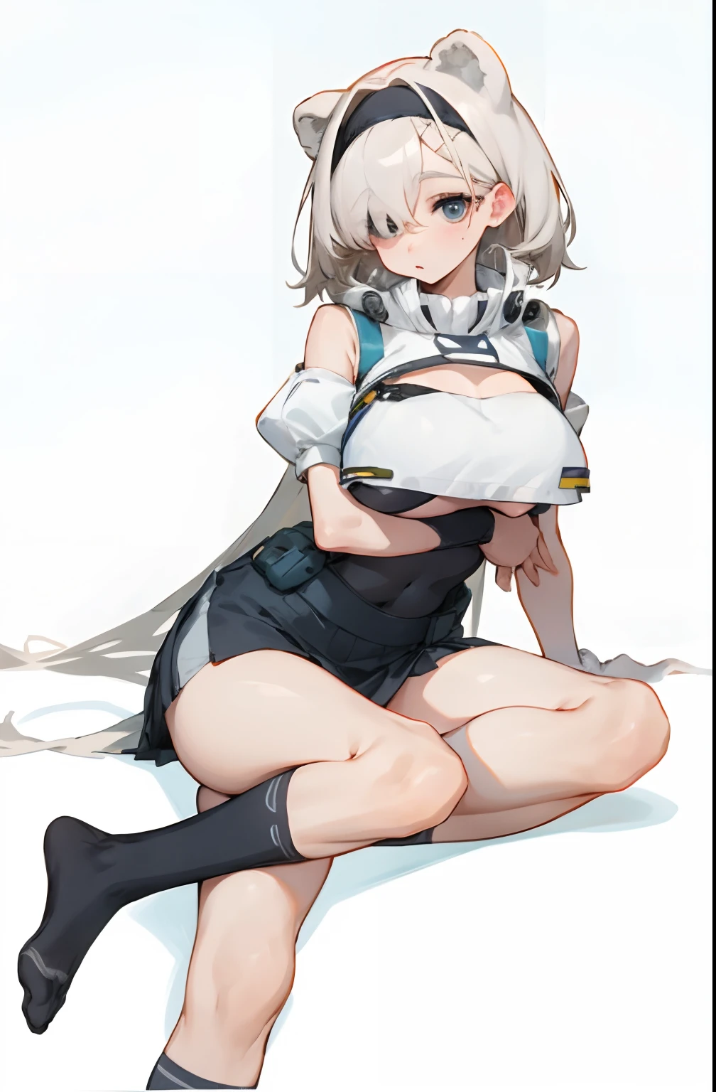 Bigboobs,cropped shoulders,knee length socks,pleatedskirt,Show your arms,No shoes on,