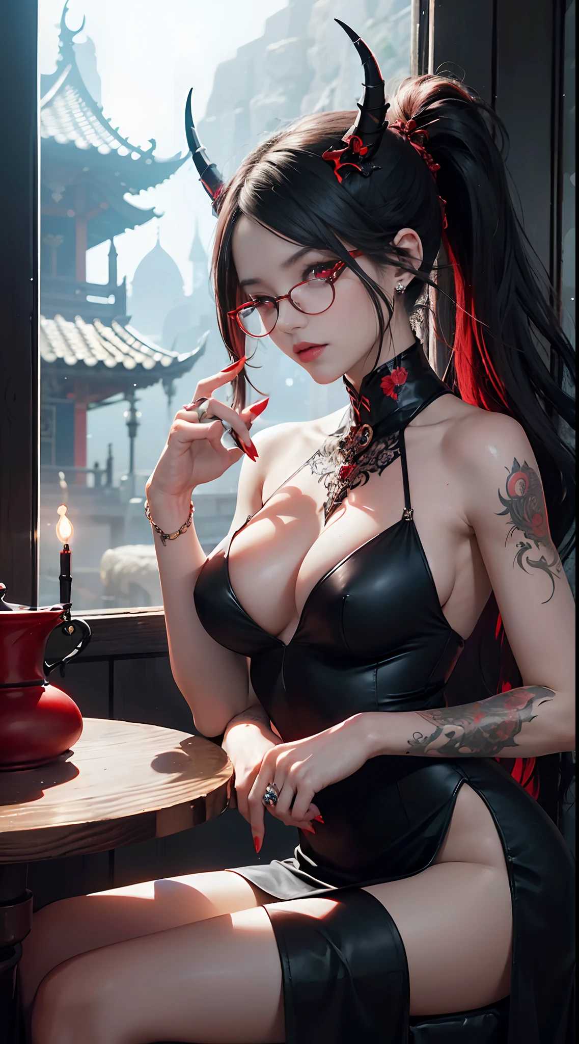 Fine、(The best illustrations)、8k UHD resolution、intricate-detail、top-quality、realisitic、ultra-detailliert、The best lighting、Best Shadows、Soft lighting、Ulutra HD、1 beautiful devil woman from hell, surreal female portraits by David Hockney and Alphonse Mucha, Fantasy Art, Chinese Doll、Dungeon and Dragon、Devil's Palace、Devil's Torture Chamber、magia、 A Necromancer、natta、Dark style、Succubus、Devil's Daughter、Bat Wings,(((Demon Horns)))、((((black-rimmed round glasses))))、(((Colossal tits)))、(Devil's Tail)、(red eyes glowing:1.6)、 intricate tattoos, demonic intricate tattoos, thigh tattoos, body tattoos, masterpiece、beautiful countenance、a 、Muscular seductive body、The enchanting body of the devil、Seductive Black Magic Costume、A shiny red snake is wrapped around her hand、Tindall Effect、photos realistic、(High Detail Skins:1.2)、 (Intricate details, makeup, pureerosface_v1:0.5), (Detailed beautiful delicate face, Detailed beautiful delicate eyes, A perfectly proportioned face, High detailed skin, Detailed skin, best ratio four finger and one thumb, arms below breasts, Tattoo with a red glow under the stomach、Awesome awesome, wide hips, smooth midriff, skiny and thin, __Fashion__, __hair__:1.25)、Digital SLR、hightquality、a picture、hight resolution、 absurderes、Ponytail distortion、女の子1人、Red sparkling gemstone necklace、jewely、Beautiful expression、Body Up、Large breasts emphasis、Toned waist、Wide buttocks、Devil's Tail、intricate tattoos, demonic intricate tattoos, thigh tattoos, body tattoos, effect、Photorealsitic、(High Detail Skins:1.2)、In the Dark, lowkey, cowboy lens, (Black Phoenix Dress: 1.0), Seductive Black Magic Costume、Long hair, Black hair, Bust, Devil's Palace, devil crown, red eyes make up very sharp and detailed, The most beautiful face, Super tight breasts, Breast augmentation surgery, The breasts are very big and round and round, Black magic costume、Super realistic , Charming smile,a baby face、 The eyes are very well made up, ((Red Eye:1.0)), guweiz, devil style,Muscular seducti