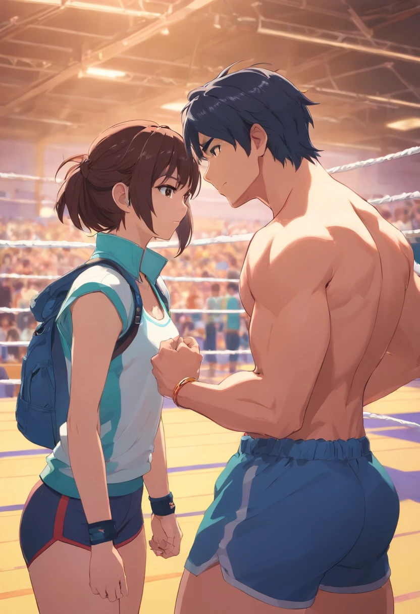 1 dominant woman wrestler and 1 man from 18 years old  , Parlero, dentro, (obra maestra, La mejor calidad, absurdos ), escuela,woman and man  are in school have sweatpants looking into each other's eyebefore the wrestling match, tall woman, short man