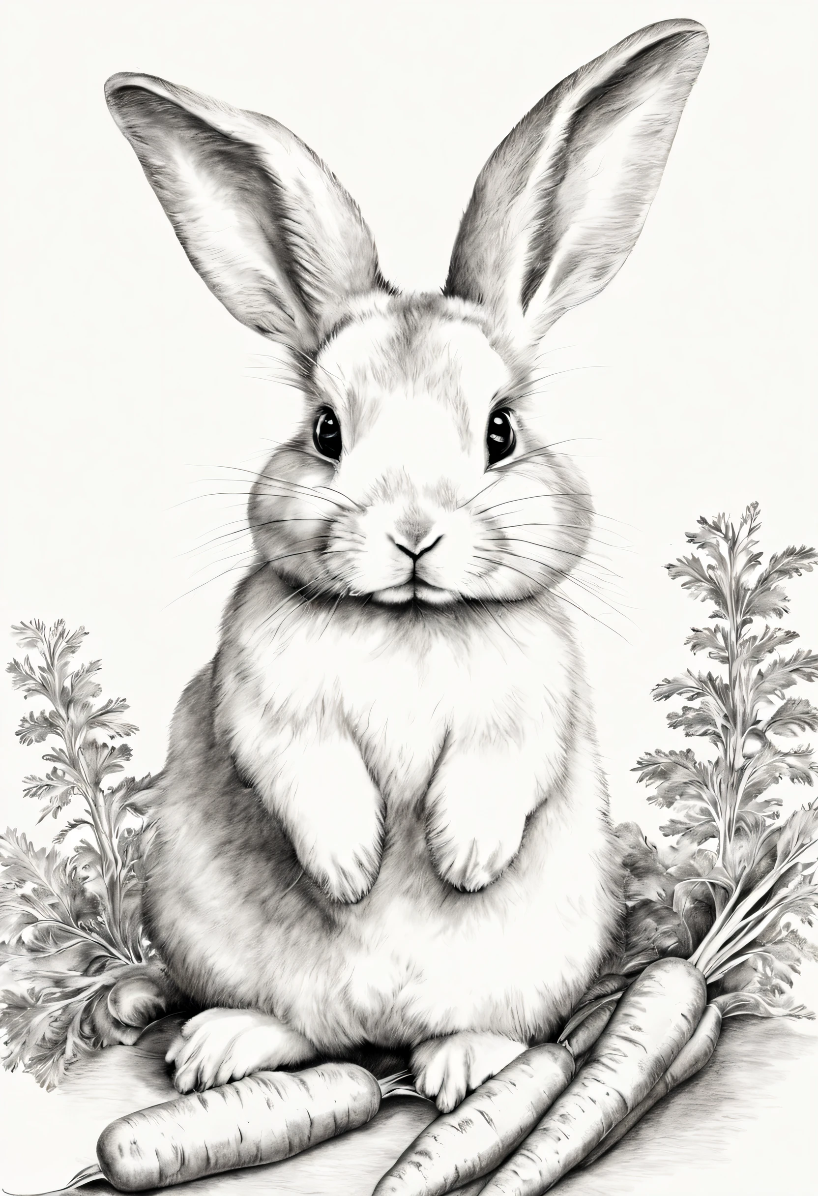 (Pencil sketch of cute rabbit with carrots:1.6), (monotone:1.2)、 handdraw, attention to details, Drawing, White background、the golden ratio、Masterpiece、Best pencil textures