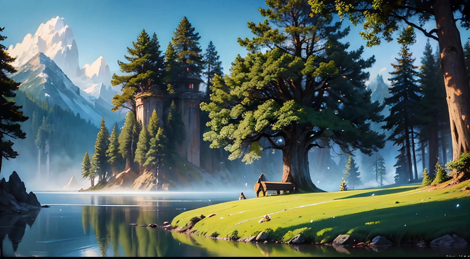 Oil painting of a fantasy treehouse by ivan shishkin and aivazovsky, highly detailed, masterpiece