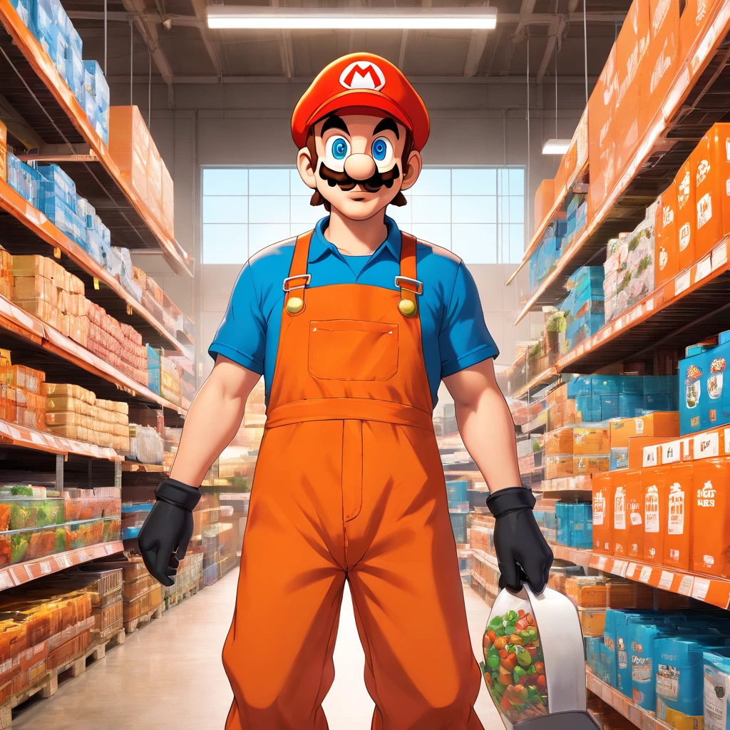 (Mario), Super Mario, (blue eyes, red hat, orange apron , orange suspenders, orange and black gloves, )full body, exaggerated expressions and actions, clean background, bright iridescent highlights, studio lighting, atmospheric lighting, with exquisite texture, high detail, high resolution, 8k, best quality, ultra high definition, (Mario as a Home Depot associate), (Home Depot), (The Home Depot), (Mario as a Home Depot Employee)