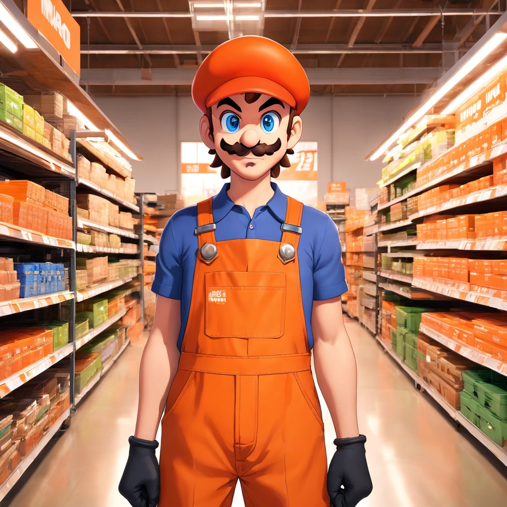 (Mario), Super Mario, (blue eyes, red hat, orange apron , orange suspenders, orange and black gloves, )full body, exaggerated expressions and actions, clean background, bright iridescent highlights, studio lighting, atmospheric lighting, with exquisite texture, high detail, high resolution, 8k, best quality, ultra high definition, (Mario as a Home Depot associate), (Home Depot), (The Home Depot), (Mario as a Home Depot Employee)