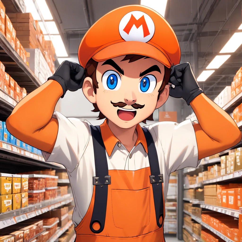 (Mario), Super Mario, (blue eyes, red hat, orange apron , orange suspenders, orange and black gloves, )full body, exaggerated expressions and actions, clean background, bright iridescent highlights, studio lighting, atmospheric lighting, with exquisite texture, high detail, high resolution, 8k, best quality, ultra high definition, (Mario as a Home Depot associate), (Home Depot), (The Home Depot), (Mario as a Home Depot Employee)