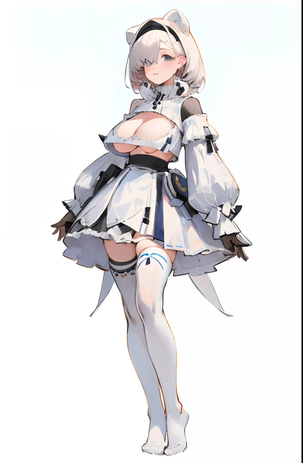 Bigboobs,No shoes,cropped shoulders,White knee-length stockings,White ta skirt,Stand up