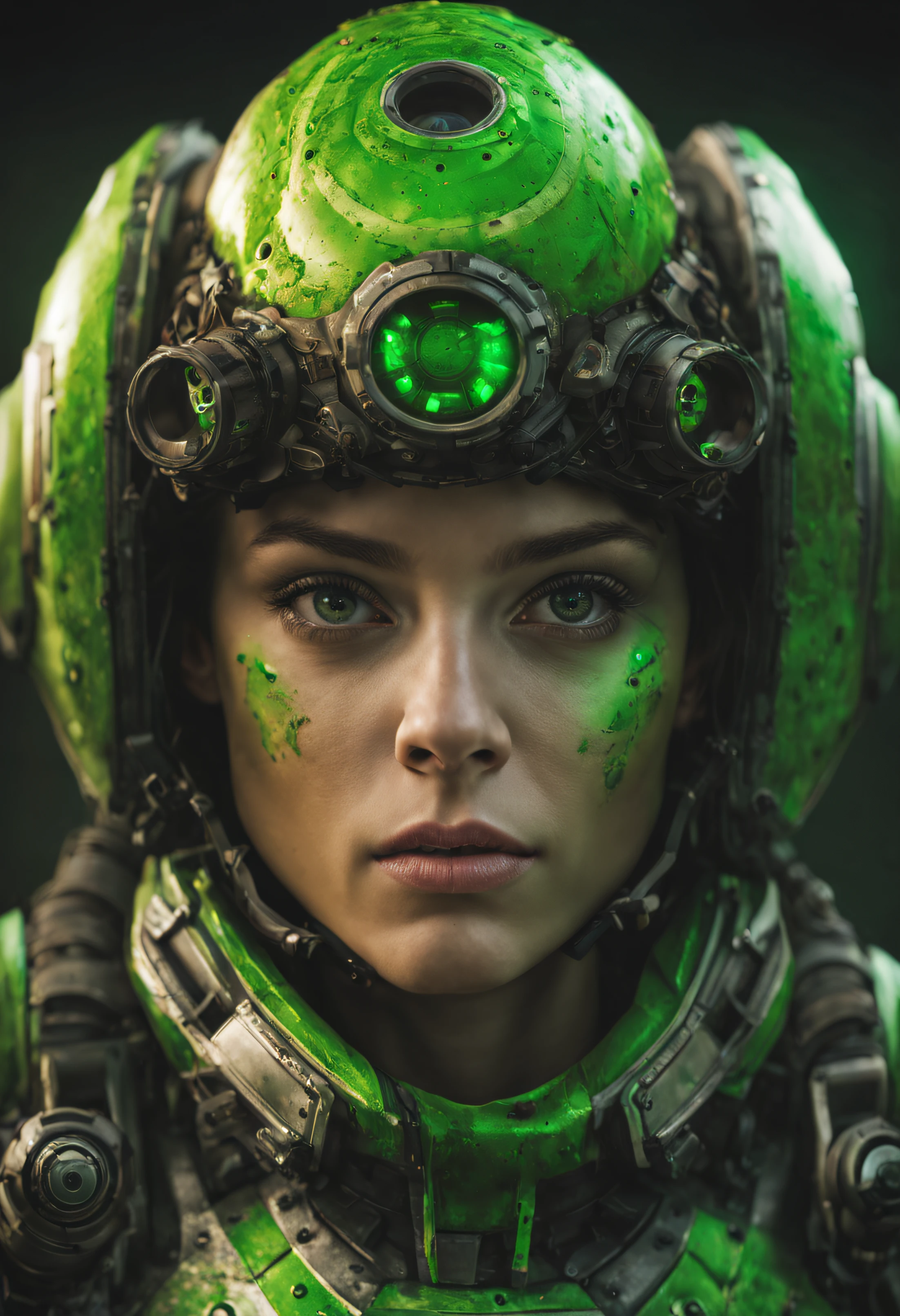 primer plano de la cara de mujer alienigena extraterrestre de gran cabeza redonda calva, con ojos supergrandes en relacion a la cara ,con el iris de color verde brillante, cara bellisina y vistoso y tecnologico traje parecido a los uniformes de guerra de gears of war y cuerpo espectacular, (se encuentra en centro de control de una estacion espacial). colores vivos, imagen nitida perdecta 8k.