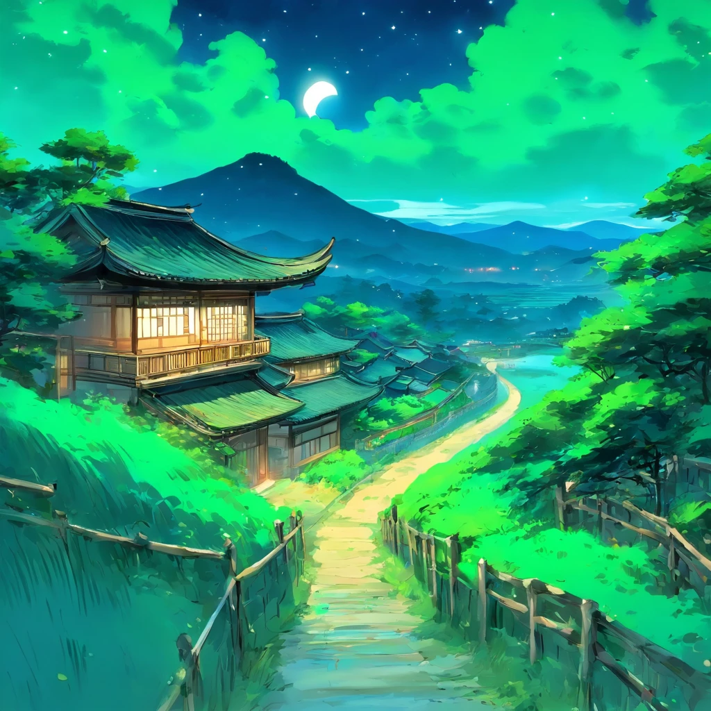 Cottage nearby,In the distance, the landscape is intertwined,themoon,Qi Baishi,Mainly blue and green,wide high angle view,the night