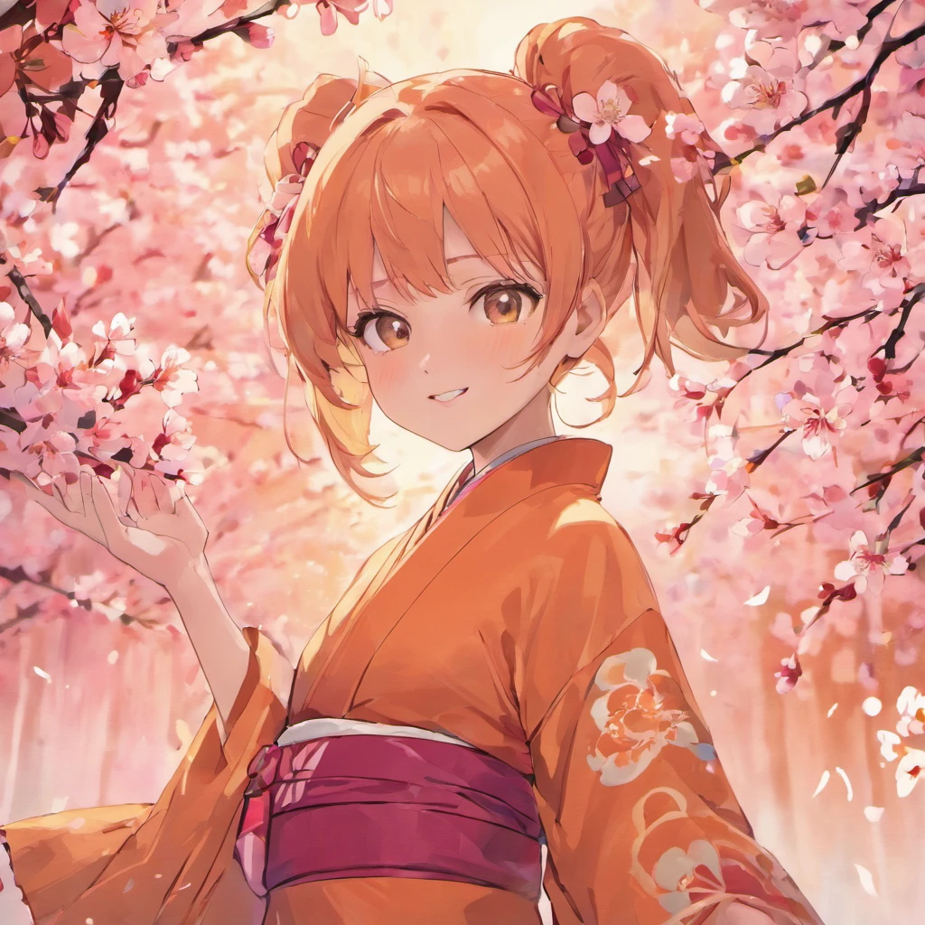 Anime avatar upper body super clear top production 4k game heartbeat literature department monika wearing kimono with smile orange single ponytail with cherry blossoms in the background