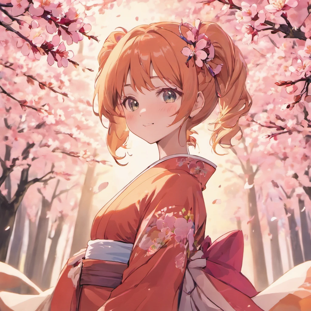 Anime avatar upper body super clear top production 4k game heartbeat literature department monika wearing kimono with smile orange single ponytail with cherry blossoms in the background