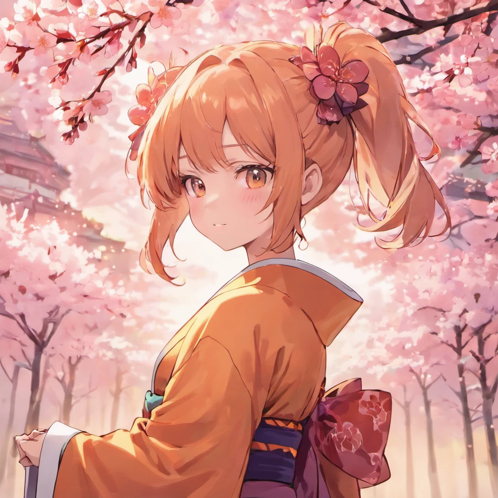 Anime avatar upper body super clear top production 4k game heartbeat literature department monika wearing kimono with smile orange single ponytail with cherry blossoms in the background