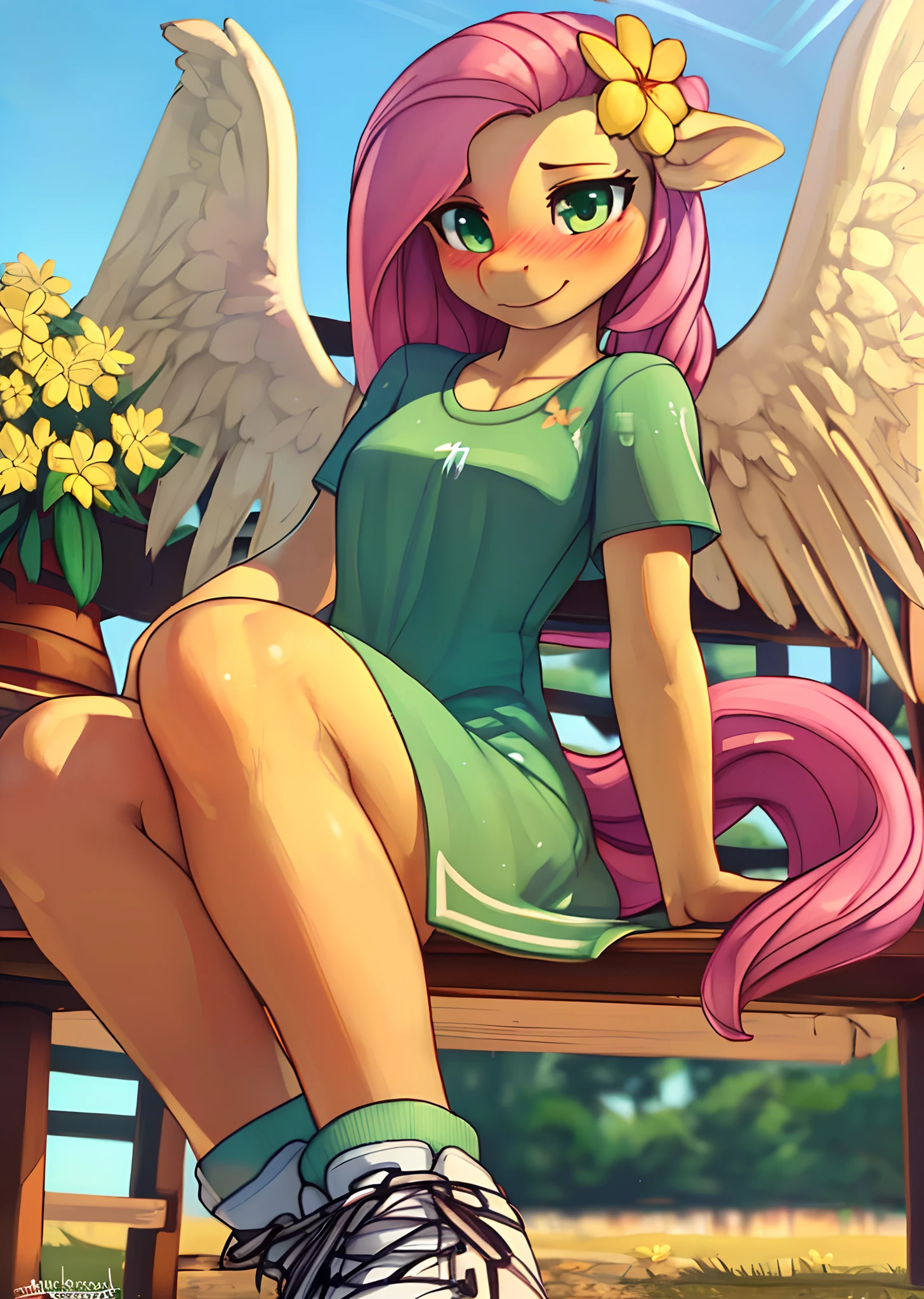 [fluttershy], [Uploaded to e621.net; (siden), (Pixelsketcher), (mayosplash), (wamudraws)], ((masterpiece)), ((HD)), ((high quality)), ((solo portrait)), ((cowboy shot)), ((furry; anthro)), ((detailed fur)), ((detailed shading)), ((beautiful render art)),  ((intricate details)), {anthro horse; (slim figure), (light-yellow fur), cute green eyes, horse snout, long pink hair, (light-yellow pegasus wings), (gorgeous hips), (beautiful legs), (blushing), cute smile}, {(short light-green dress), (short sleeves), (light-green canvas sneakers), (yellow flower in hair)}, {(sitting on bench), (hands in lap), (legs crossed), (looking at viewer)}, [background; (green plains), (blue sky), (sun rays)]