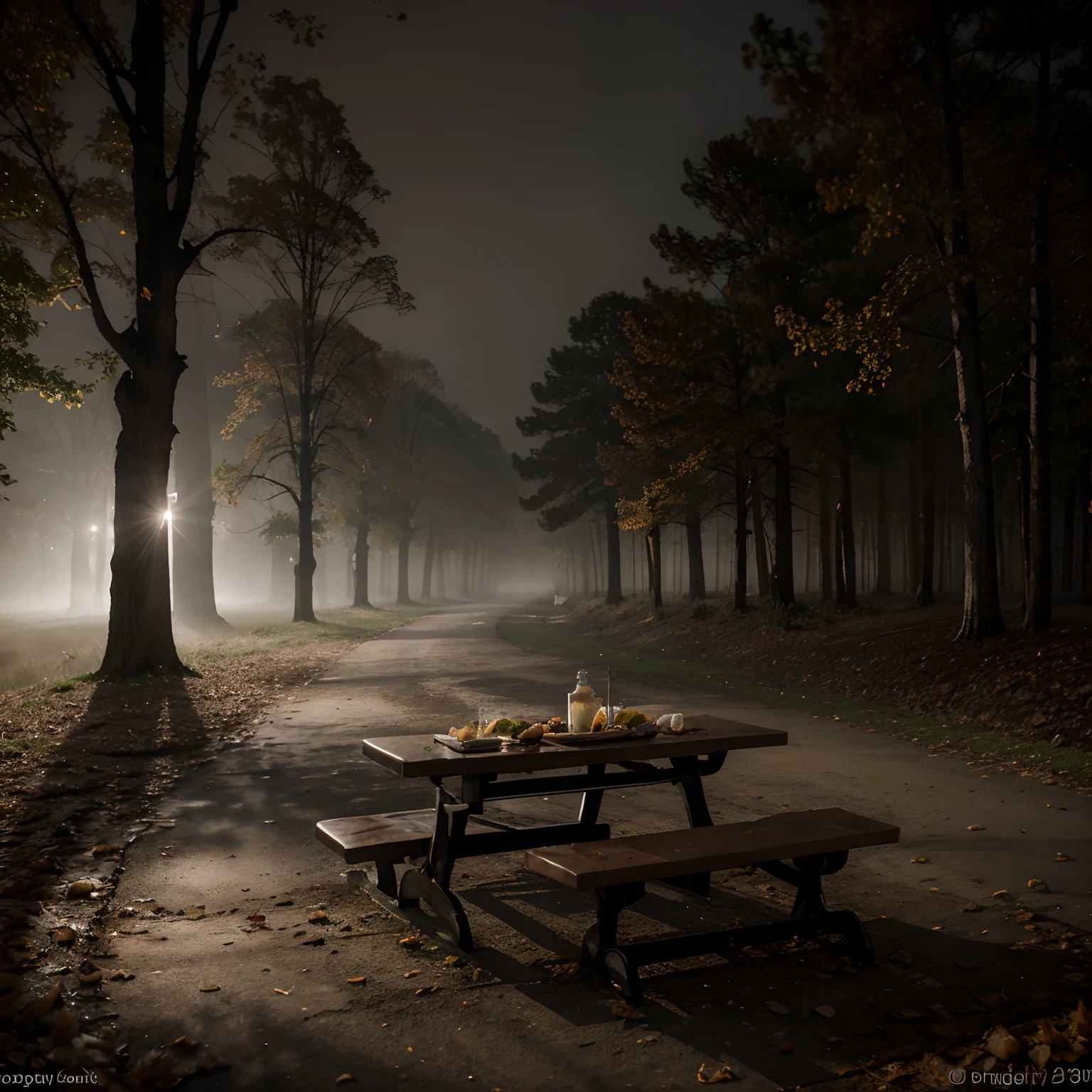 A bicycle path covered in fog, with a pork belly pizza on a picnic table. Opossums are roaming nearby.
Materials: Realistic, photographic rendering
Additional details: Dense fog, misty atmosphere, old-fashioned bicycle, picnic table with a checkered cloth, steam rising from the pizza, fallen leaves on the ground, opossums with their sleek fur and curious eyes, slightly eerie feeling
Image quality: Best quality, 4k resolution, high-resolution masterpiece:1.2, ultra-detailed, photo-realistic:1.37, vivid colors, studio lighting
Art style: Landscape, food photography
Color palette: Misty gray, earthy tones
Lighting: Soft and diffused light, casting a mysterious glow