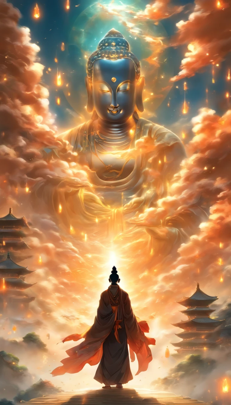 China style,In the distance, A huge tall Buddha statue stands in space,Gaze at the earth,Standing Buddha,with light glowing,Glow effect,Pilgrims on the road,Hyper-realistic,Ultra photo realsisim,Real Photographics,8K,High definition,high qulity,Works of masters,super-fine,Chinese black and white ink style,(((white colors))),Decolorization,Smudge,Inky,8K,super-fine,high qulity,(((OC renderer)))
