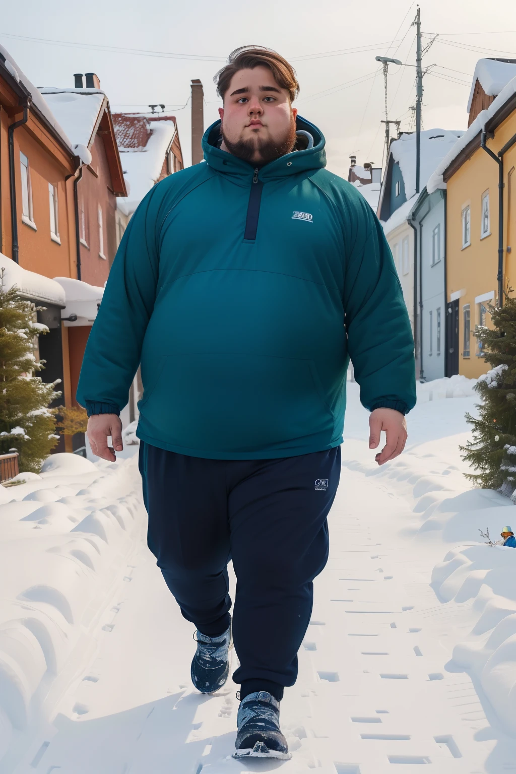 year: 2023. Location: Sweden. Pre-Raphaelite scene with a 25-year-old man, ((obese)), walking in the street, terraced houses garden, ((((winter sport Clothing from the 2020s)))) ((Hairstyle of the 2020s)), ((("OMITB" cinematography)))