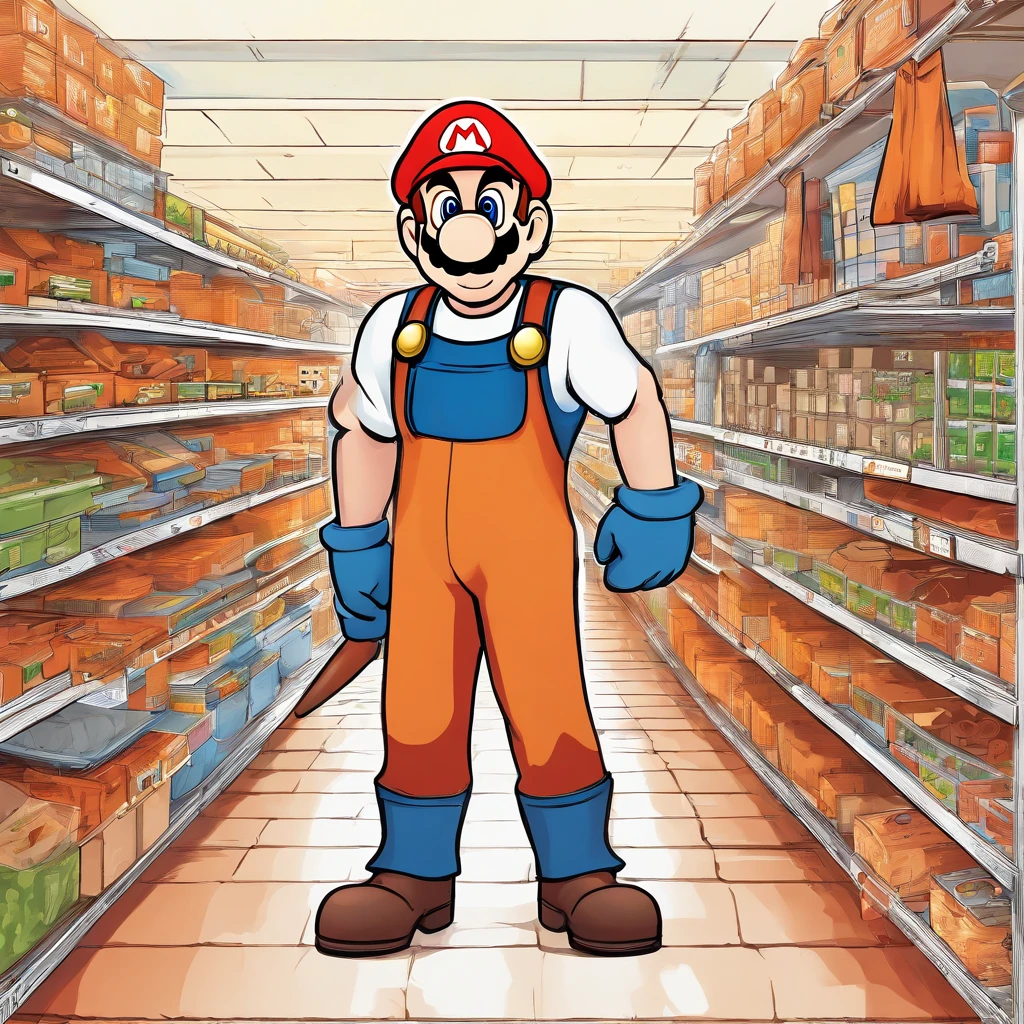 (Mario), Super Mario, (blue eyes, red hat, orange apron , orange suspenders, orange and black gloves, )full body, exaggerated expressions and actions, clean background, bright iridescent highlights, studio lighting, atmospheric lighting, with exquisite texture, high detail, high resolution, 8k, best quality, ultra high definition, (Mario as a Home Depot associate), (Home Depot), (The Home Depot), (Mario as a Home Depot Employee)