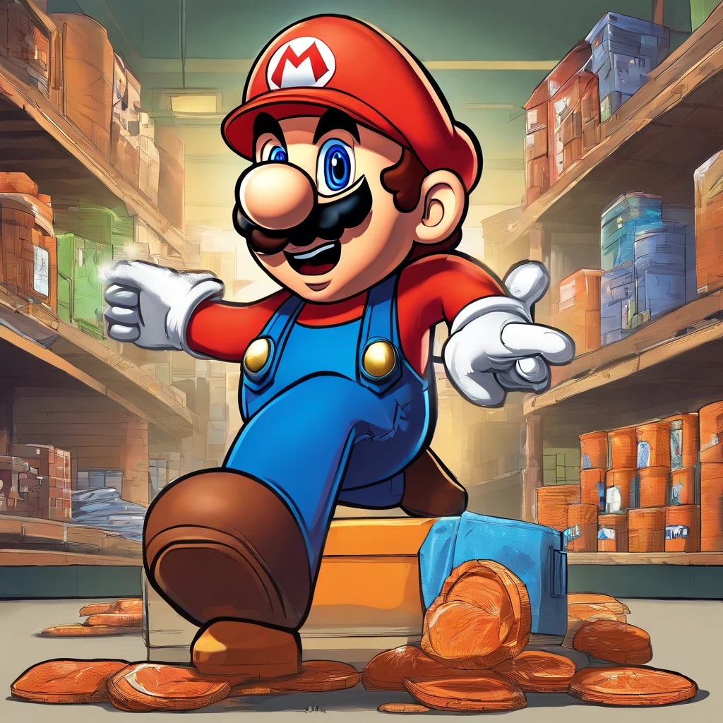 (Mario), Super Mario, (blue eyes, red hat, orange apron , orange suspenders, orange and black gloves, )full body, exaggerated expressions and actions, clean background, bright iridescent highlights, studio lighting, atmospheric lighting, with exquisite texture, high detail, high resolution, 8k, best quality, ultra high definition, (Mario as a Home Depot associate), (Home Depot), (The Home Depot), (Mario as a Home Depot Employee)