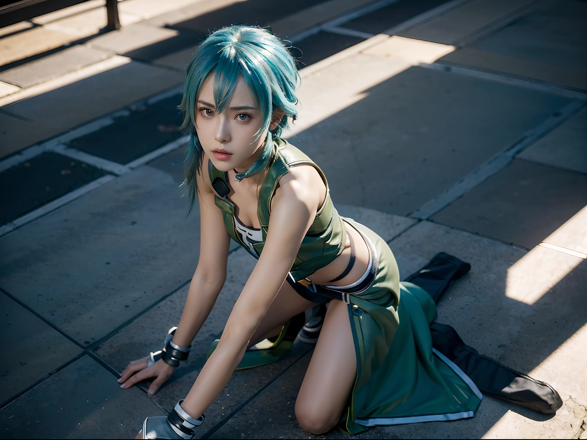 (masterpiece), (High resolution, 8K quality photography, photorealistic, ultra detailed, ultra realistic, high shadow quality, best shadow, ray tracing, colorfull, ), (full body shot:1.5, front view:1.5, looking at view), (1 female, Solus Sinon from Sword Art Online, cyan hair color, expressive eyes, perfect face), smooth skin, embraced
