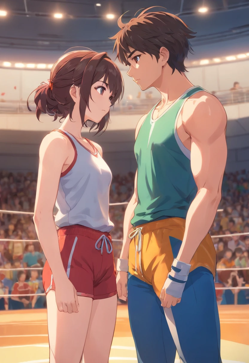 1 tall woman wrestler and 1 short man from 18 years old  , Parlero, dentro, (obra maestra, La mejor calidad, absurdos ), escuela,woman and man  are in school have sweatpants looking into each other's eyebefore the wrestling match, tall woman, short man