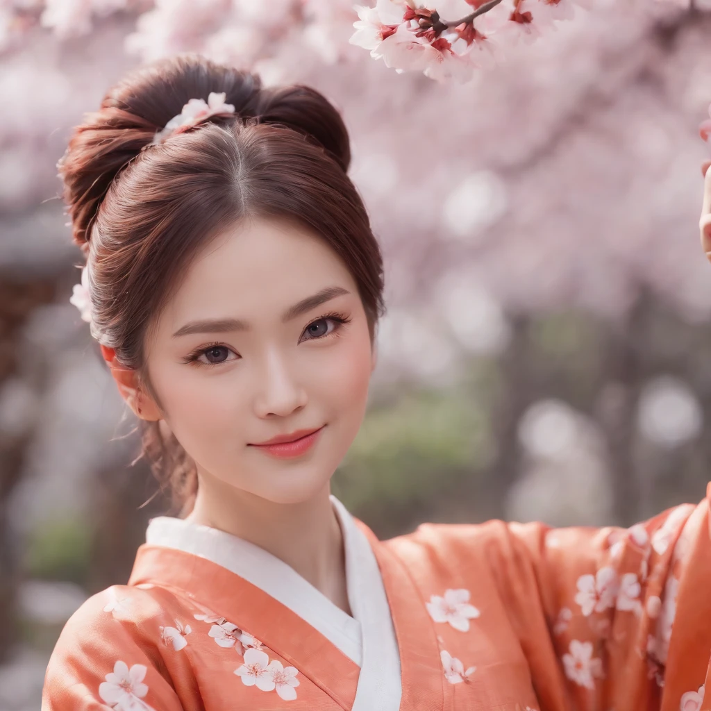 Anime avatar upper body ultra transparent top production 4k game heartbeat literature department Monica wearing cherry blossom kimono with smile dark orange single ponytail with cherry blossom background