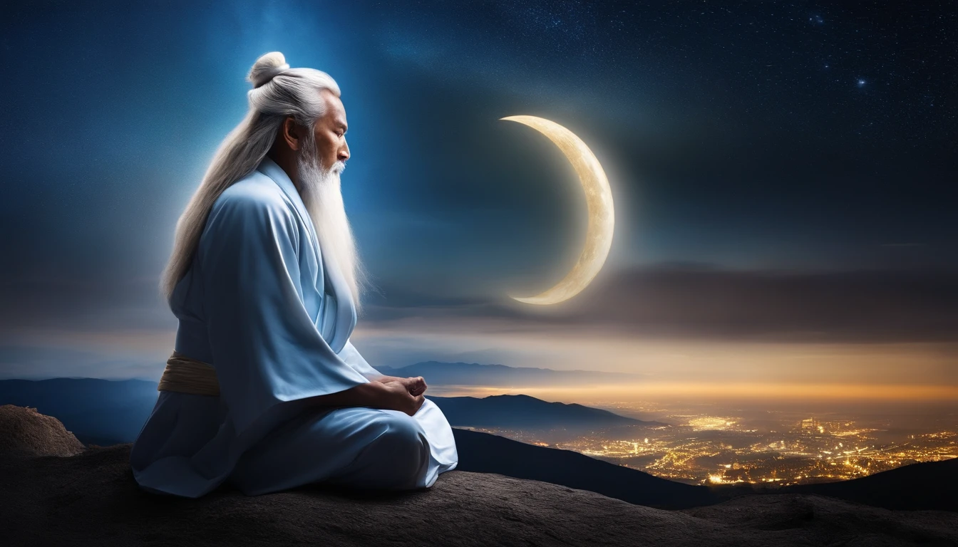 A 30-year-old Asian middle-aged Taoist priest sits in the universe with his eyes closed,long white hair,Meditate,There is a white beard,Meditation cross-legged,Daoism, Wear a white robe,white sash,Taoist master,Taoist,The entire galactic starry sky,Magnificent momentum,Rising starlight,at centre,Face the lens,The color of the vast blue starry sky, Light particles, with light glowing, Mshiv, wallpaper art, UHD wallpaper
