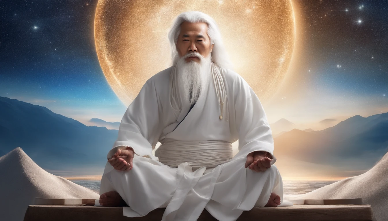 A 30-year-old Asian middle-aged Taoist priest sits in the universe with his eyes closed,long white hair,Meditate,There is a white beard,Meditation cross-legged,Daoism, Wear a white robe,white sash,Taoist master,Taoist,The entire galactic starry sky,Magnificent momentum,Rising starlight,at centre,Face the lens,The color of the vast blue starry sky, Light particles, with light glowing, Mshiv, wallpaper art, UHD wallpaper